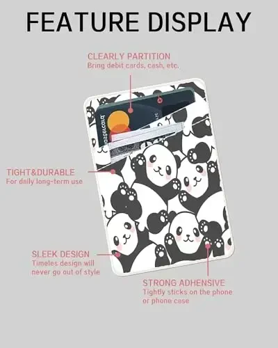 AOHRO Phone Card Holder, Dual Pocket Leather Phone Wallet Adhesive Stick On, Cute Card Holder, Credit Card Holder for Phone Case Cute Pandas - 5