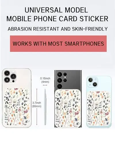 AOHRO Telefon Kart Ustivchisi, Ikki Cho'ntakli Teri Telefon hamyoni Yopishqoq Qisqichi, Yoqimli Kart Ustivchisi, Telefon qopqog'i uchun Kredit Kartasi Ustivchisi, Ko'pchilik Telefonlar bilan mos keladi Rangli Boho Barg - 2