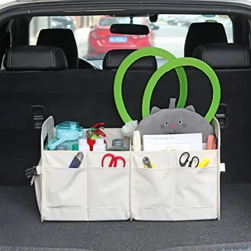 AOKJOY CarTrunkOrganizerCarStorageOrganizerCollapsibleMultiCompartmentCarOrganizerAdjustableStrapsforSUV(Beige) - 2