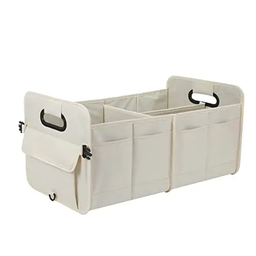 AOKJOY CarTrunkOrganizerCarStorageOrganizerCollapsibleMultiCompartmentCarOrganizerAdjustableStrapsforSUV(Beige) - AOKJOY
