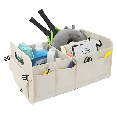 AOKJOY CarTrunkOrganizerCarStorageOrganizerCollapsibleMultiCompartmentCarOrganizerAdjustableStrapsforSUV(Beige) - 6