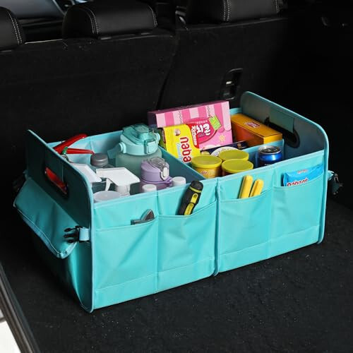 AOKJOY Car Trunk Organizer Car Storage Organizer Collapsible Multi Compartment Car Organizer Adjustable Straps Car Organizer for SUV(Teal) - 5