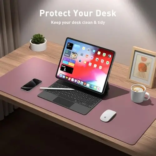 Aothia Leather Office Desk Mouse Pad Protector, Non-Slip PU Leather Laptop Desk Blotter/Mat, Waterproof Writing Pad for Office and Home, Dark Pink, 23.6