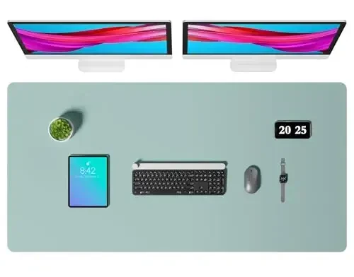 Aothia Faux Charm Desk Mat – Katta sichqoncha paneli, sirpanmaydigan PU charm qoplamasi, ofis va uy uchun suv oʻtkazmaydigan yozuv yuzasi (och koʻk, 47,2