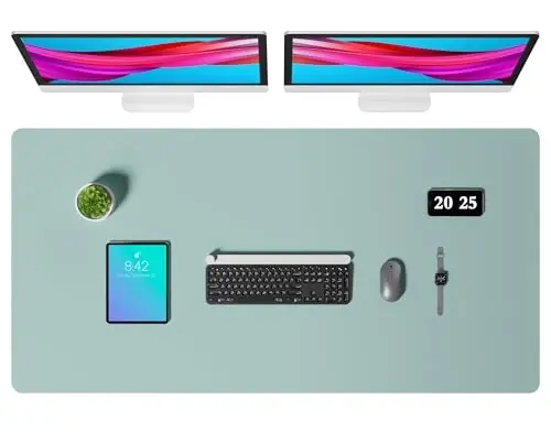 Aothia Faux Charm Desk Mat – Katta sichqoncha paneli, sirpanmaydigan PU charm qoplamasi, ofis va uy uchun suv oʻtkazmaydigan yozuv yuzasi (och koʻk, 47,2