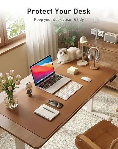 Aothia Faux Leather Desk Mat - Large Mouse Pad, Non-Slip PU Leather Blotter, Waterproof Writing Surface for Office and Home (Brown, 40