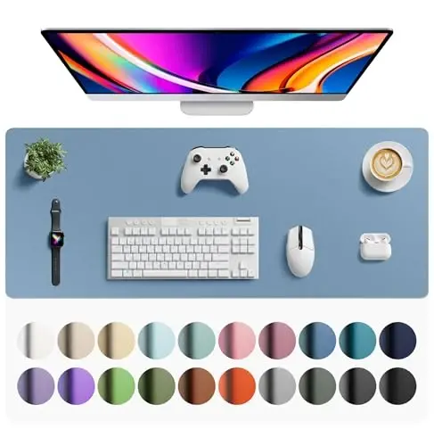 Aothia Faux Leather Desk Mat - Large Mouse Pad, Non-Slip PU Leather Blotter, Waterproof Writing Surface for Office and Home (Denim Blue, 42