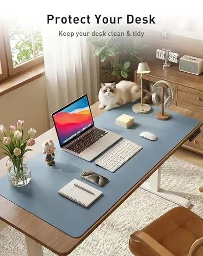 Aothia Faux Leather Desk Mat - Large Mouse Pad, Non-Slip PU Leather Blotter, Waterproof Writing Surface for Office and Home (Denim Blue, 42