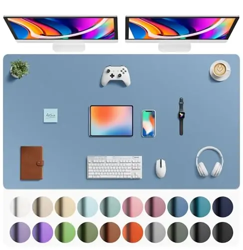 Aothia Faux Leather Desk Mat - Large Mouse Pad, Non-Slip PU Leather Blotter, Waterproof Writing Surface for Office and Home (Denim Blue, 63