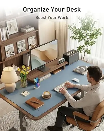 Aothia Faux Leather Desk Mat - Large Mouse Pad, Non-Slip PU Leather Blotter, Waterproof Writing Surface for Office and Home (Denim Blue, 63