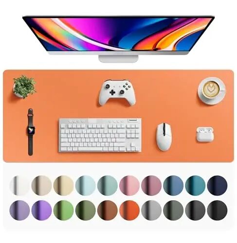 Aothia Faux Leather Desk Mat - Large Mouse Pad, Non-Slip PU Leather Blotter, Waterproof Writing Surface for Office and Home (Hermes Orange, 42
