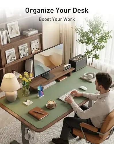 Aothia Faux Leather Desk Mat - Large Mouse Pad, Non-Slip PU Leather Blotter, Waterproof Writing Surface for Office and Home (Olive Green, 63