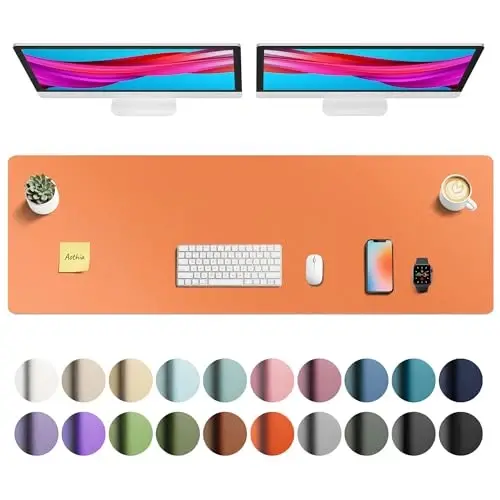 Aothia Faux Leather Desk Mat - Large Mouse Pad, Non-Slip PU Leather Blotter, Waterproof Writing Surface for Office and Home (Orange, 55