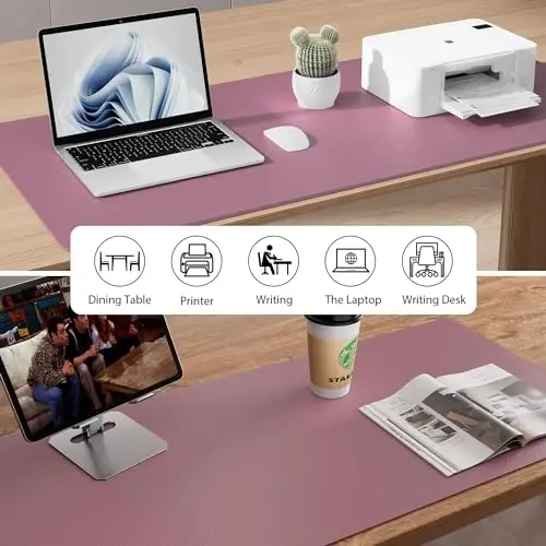 Aothia Faux Leather Desk Mat - Non-Slip PU Leather Desk Blotter, Waterproof Writing Surface, Large Desk Pad for Office & Home (Dark Pink, 55