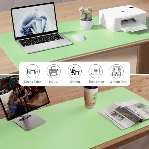 Aothia Faux Leather Desk Mat - Non-Slip PU Leather Desk Blotter, Waterproof Writing Surface, Large Desk Pad for Office & Home (Foam Green, 55