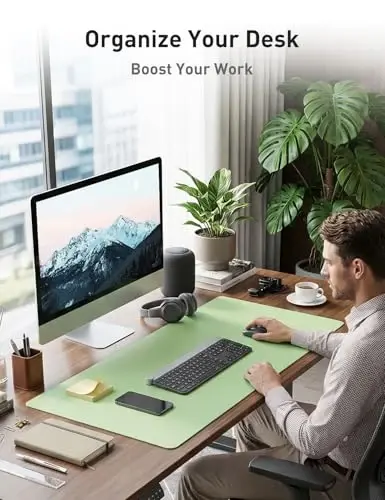 Aothia Faux Leather Desk Mat - Non-Slip PU Leather Desk Blotter, Waterproof Writing Surface, Large Desk Pad for Office & Home (Foam Green, 55