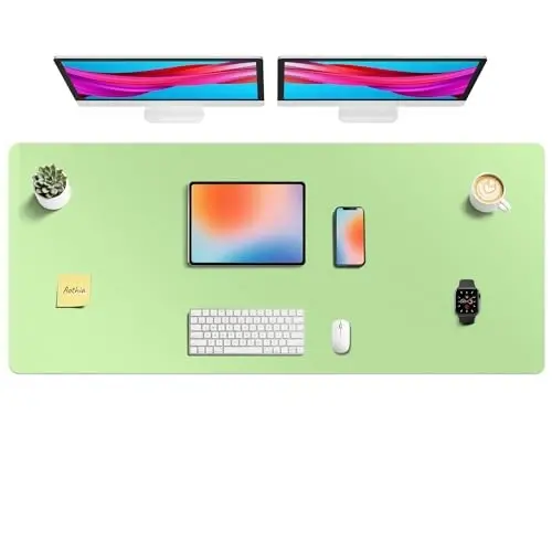 Aothia Faux Leather Desk Mat - Non-Slip PU Leather Desk Blotter, Waterproof Writing Surface, Large Desk Pad for Office & Home (Foam Green, 55