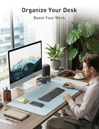 Aothia Faux Leather Desk Mat - Non-Slip PU Leather Desk Blotter, Waterproof Writing Surface, Large Desk Pad for Office & Home (Baby Blue, 55