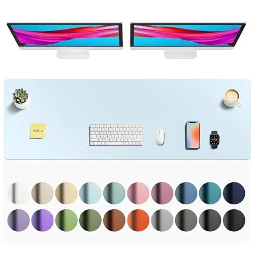 Aothia Faux Leather Desk Mat - Non-Slip PU Leather Desk Blotter, Waterproof Writing Surface, Large Desk Pad for Office & Home (Baby Blue, 55