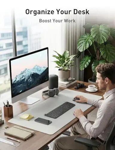 Aothia Faux Leather Desk Mat - Non-Slip PU Leather Desk Blotter, Waterproof Writing Surface, Large Desk Pad for Office & Home (Barely Grey, 55