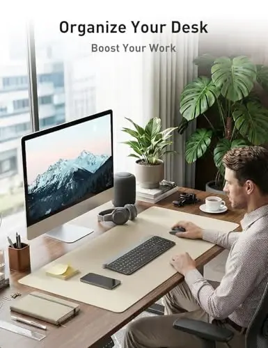 Aothia Faux Leather Desk Mat - Non-Slip PU Leather Desk Blotter, Waterproof Writing Surface, Large Desk Pad for Office & Home (Beige, 55