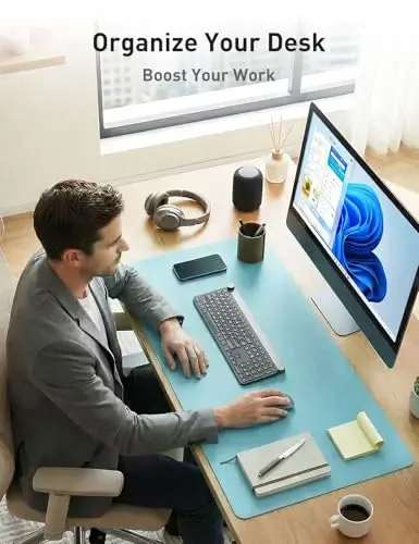 Aothia Faux Leather Desk Mat - Non-Slip PU Leather Desk Blotter, Waterproof Writing Surface, Large Desk Pad for Office & Home (Blue Topaz, 55