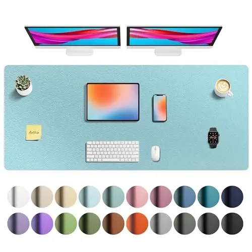 Aothia Faux Leather Desk Mat - Non-Slip PU Leather Desk Blotter, Waterproof Writing Surface, Large Desk Pad for Office & Home (Blue Topaz, 55