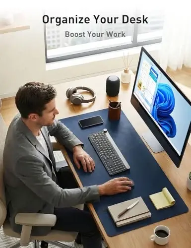 Aothia Faux Leather Desk Mat - Non-Slip PU Leather Desk Blotter, Waterproof Writing Surface, Large Desk Pad for Office & Home (Dark Blue, 55