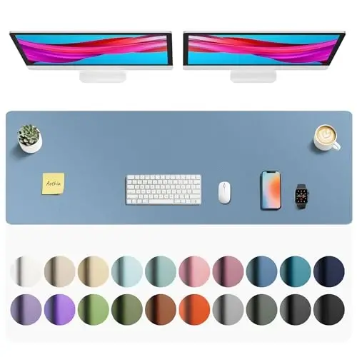 Aothia Faux Leather Desk Mat - Non-Slip PU Leather Desk Blotter, Waterproof Writing Surface, Large Desk Pad for Office & Home (Denim Blue, 55