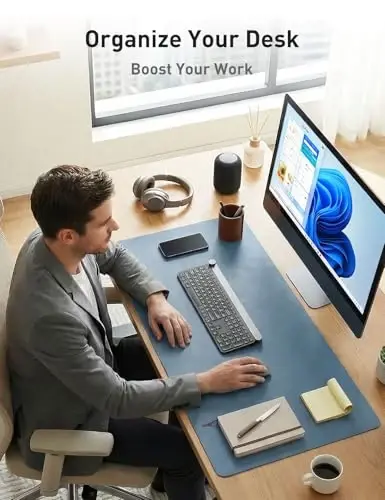 Aothia Faux Leather Desk Mat - Non-Slip PU Leather Desk Blotter, Waterproof Writing Surface, Large Desk Pad for Office & Home (Denim Blue, 55