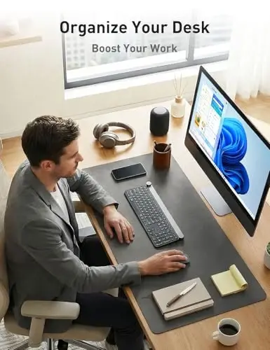 Aothia Faux Leather Desk Mat - Non-Slip PU Leather Desk Blotter, Waterproof Writing Surface, Large Desk Pad for Office & Home (Grey, 55