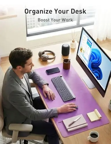 Aothia Faux Leather Desk Mat - Non-Slip PU Leather Desk Blotter, Waterproof Writing Surface, Large Desk Pad for Office & Home (Iris Violet, 55