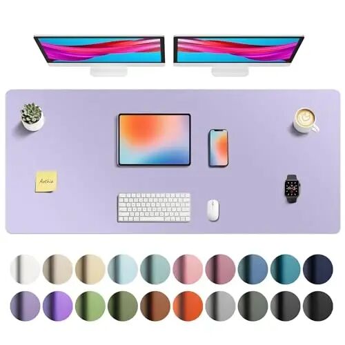 Aothia Faux Leather Desk Mat - Non-Slip PU Leather Desk Blotter, Waterproof Writing Surface, Large Desk Pad for Office & Home (Lavender, 55