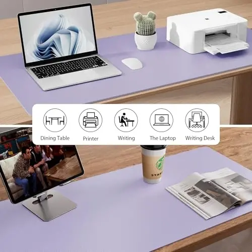 Aothia Faux Leather Desk Mat - Non-Slip PU Leather Desk Blotter, Waterproof Writing Surface, Large Desk Pad for Office & Home (Lavender, 55