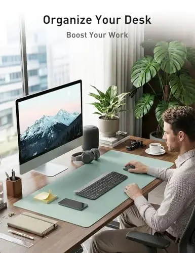 Aothia Faux Leather Desk Mat - Non-Slip PU Leather Desk Blotter, Waterproof Writing Surface, Large Desk Pad for Office & Home (Light Blue, 55