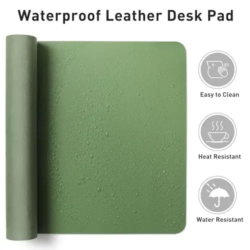 Aothia Faux Leather Desk Mat - Non-Slip PU Leather Desk Blotter, Waterproof Writing Surface, Large Desk Pad for Office & Home (Olive Green, 55