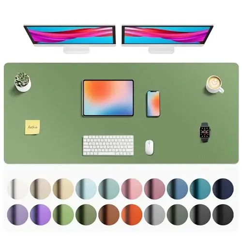 Aothia Faux Leather Desk Mat - Non-Slip PU Leather Desk Blotter, Waterproof Writing Surface, Large Desk Pad for Office & Home (Olive Green, 55