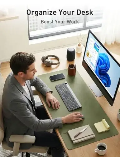 Aothia Faux Leather Desk Mat - Non-Slip PU Leather Desk Blotter, Waterproof Writing Surface, Large Desk Pad for Office & Home (Olive Green, 55