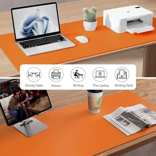Aothia Faux Leather Desk Mat - Non-Slip PU Leather Desk Blotter, Waterproof Writing Surface, Large Desk Pad for Office & Home (Hermes Orange, 55