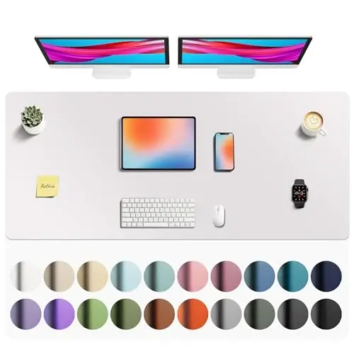 Aothia Faux Leather Desk Mat - Non-Slip PU Leather Desk Blotter, Waterproof Writing Surface, Large Desk Pad for Office & Home (Pale Lavender White, 55