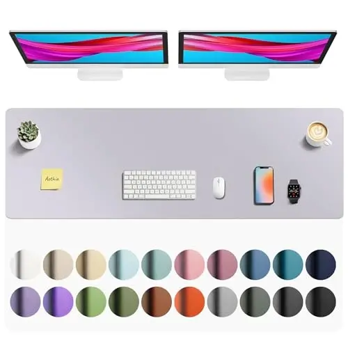 Aothia Faux Leather Desk Mat - Non-Slip PU Leather Desk Blotter, Waterproof Writing Surface, Large Desk Pad for Office & Home (Smoky Lavender, 55