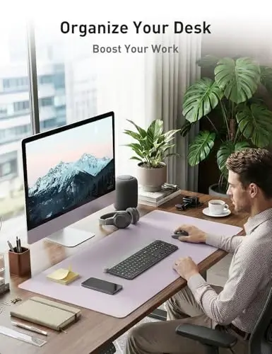 Aothia Faux Leather Desk Mat - Non-Slip PU Leather Desk Blotter, Waterproof Writing Surface, Large Desk Pad for Office & Home (Soft Lavender, 55