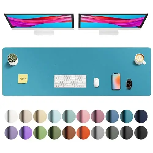 Aothia Faux Leather Desk Mat - Non-Slip PU Leather Desk Blotter, Waterproof Writing Surface, Large Desk Pad for Office & Home (Turquoise, 55