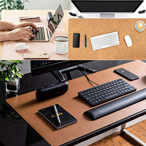 Aothia Office Desk Pad, Natural Cork & PU Leather Dual Side Large Mouse Pad, Laptop Desk Table Protector Writing Mat Easy Clean Waterproof for Office Work/Home/Decor (Black, 23.6