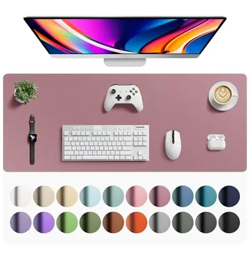 Aothia Faux Leather Desk Mat - Large Mouse Pad, Non-Slip PU Leather Blotter, Waterproof Writing Surface for Office and Home (Dark Pink, 42
