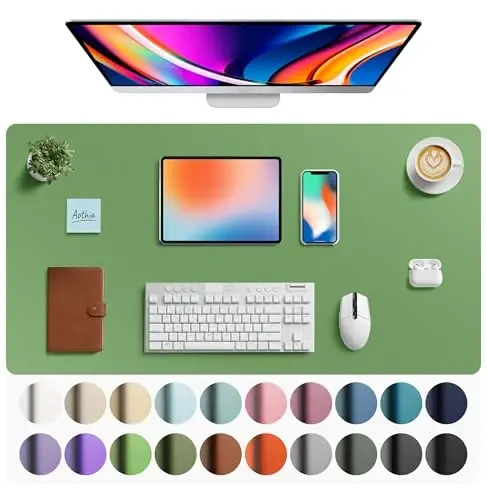 Aothia Faux Leather Desk Mat - Large Mouse Pad, Non-Slip PU Leather Blotter, Waterproof Writing Surface for Office and Home (Olive Green, 40