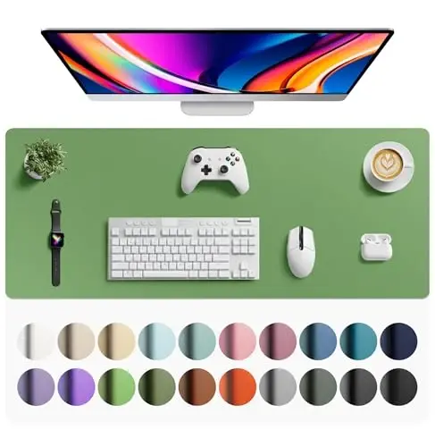 Aothia Faux Leather Desk Mat - Large Mouse Pad, Non-Slip PU Leather Blotter, Waterproof Writing Surface for Office and Home (Olive Green, 42