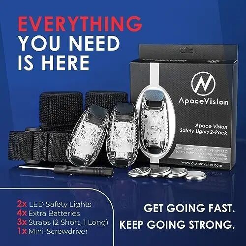 Apace Vision LED Safety Light (2 Pack) with Bonus Items – Clip On Strobe/Running Lights for Runners, Dogs, Bikes, Walking and More - APACE (1)