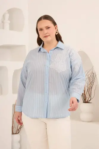 Aplikeli Çizgili Kadın Büyük Beden Uzun Kol Gömlek Mavi - 1