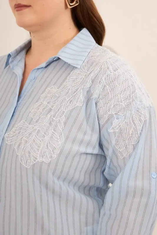 Aplikeli Çizgili Kadın Büyük Beden Uzun Kol Gömlek Mavi - 2